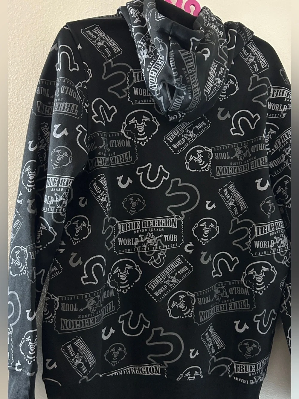 True Religion Black Hoodie with Red Logo and Gray All-Over Print